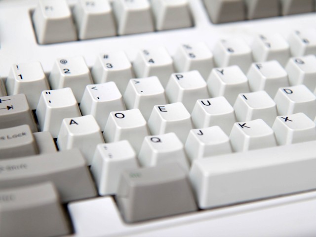 Left side of an IBM Model M keyboard with keys rearranged to the Dvorak layout