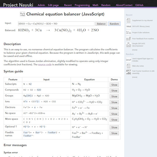 Chemical equation balancer (JavaScript)